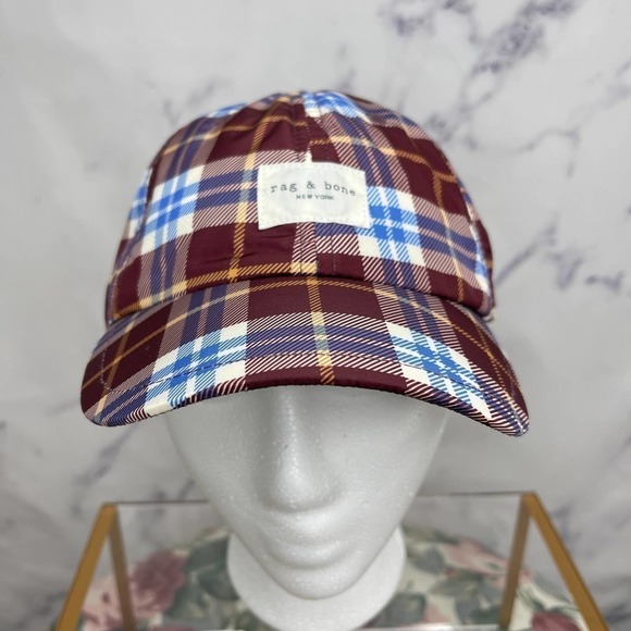 Rag & Bone | Addison Plaid Maroon & Blue Baseball Cap - Picture 1 of 12